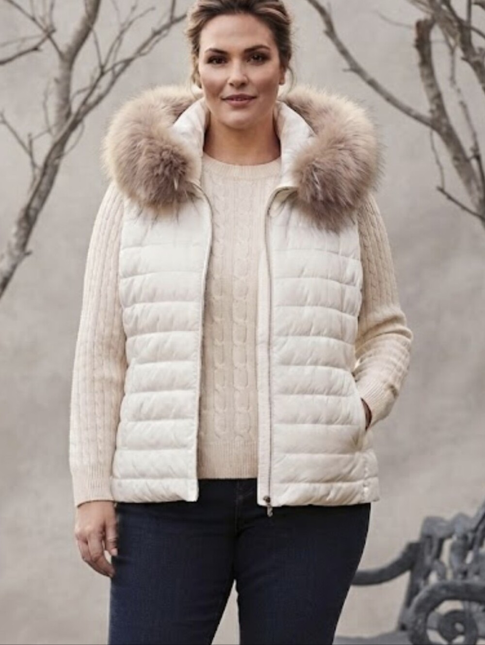 NWT Marc Aurel Cream Puffer Vest Real Raccoon Fur Hood Size 16 Quiet Luxury Chic